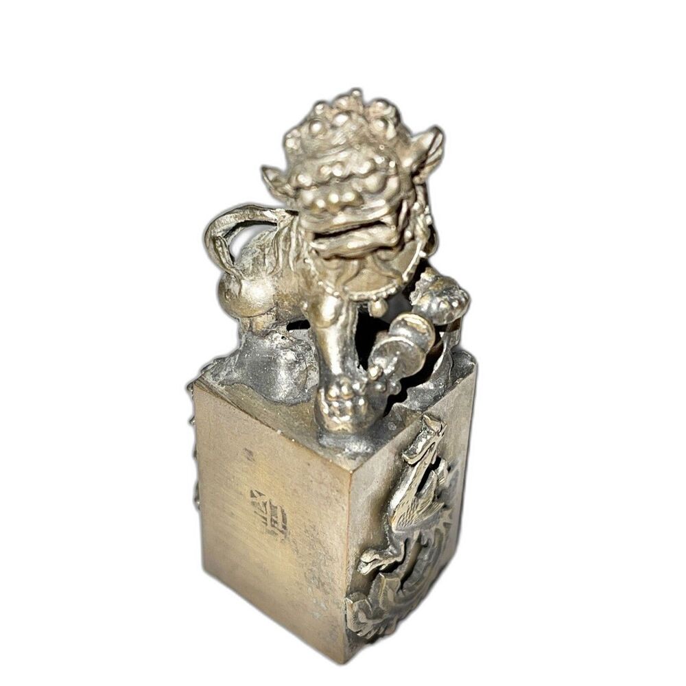 Collectible Chinese Tibet Silver Coated Lion Dragon Phoenix Statue Seal